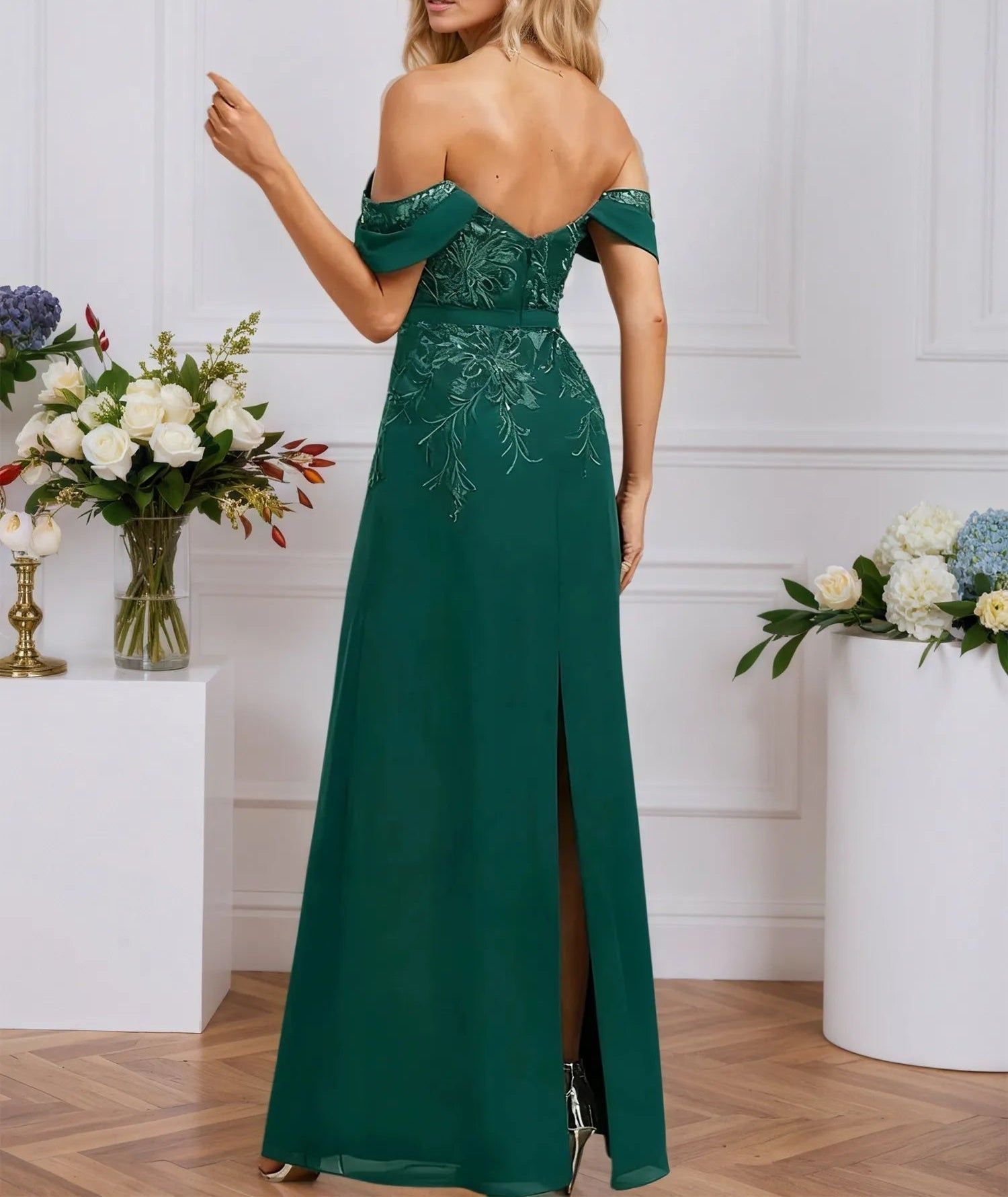 Sheath/Column Off the Shoulder Floor-Length Lace Chiffon Evening Dress With Sequins