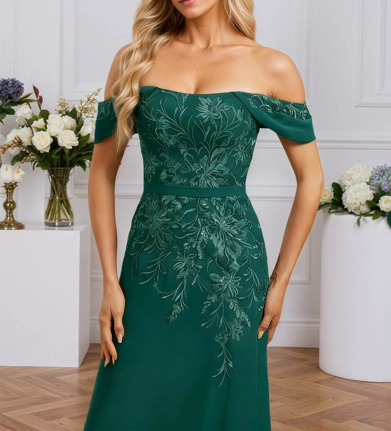 Sheath/Column Off the Shoulder Floor-Length Lace Chiffon Evening Dress With Sequins