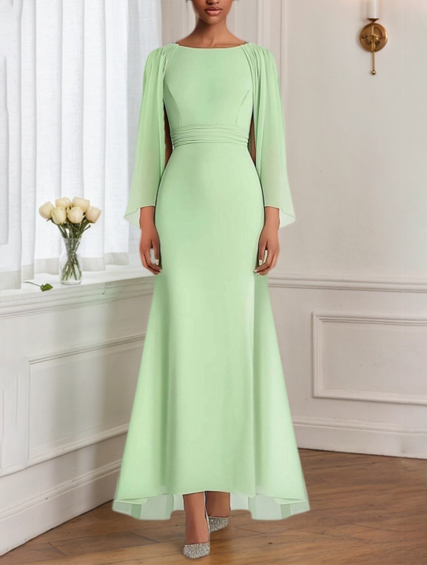 Wedding Guest Dresses Sage Green Chiffon Cape Maxi Mother of Bride Dre