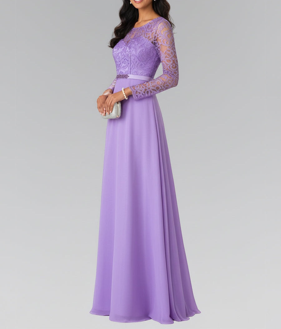 Elegant A-Line Long Lace Sleeves Gown with Beaded Waist