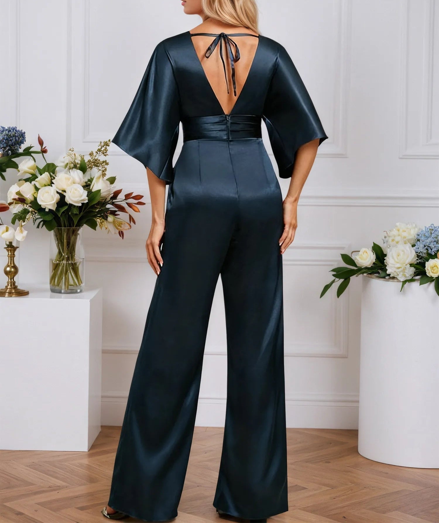 Jumpsuits V-Neck Floor-Length Stretch Satin Evening Dress With Pleated