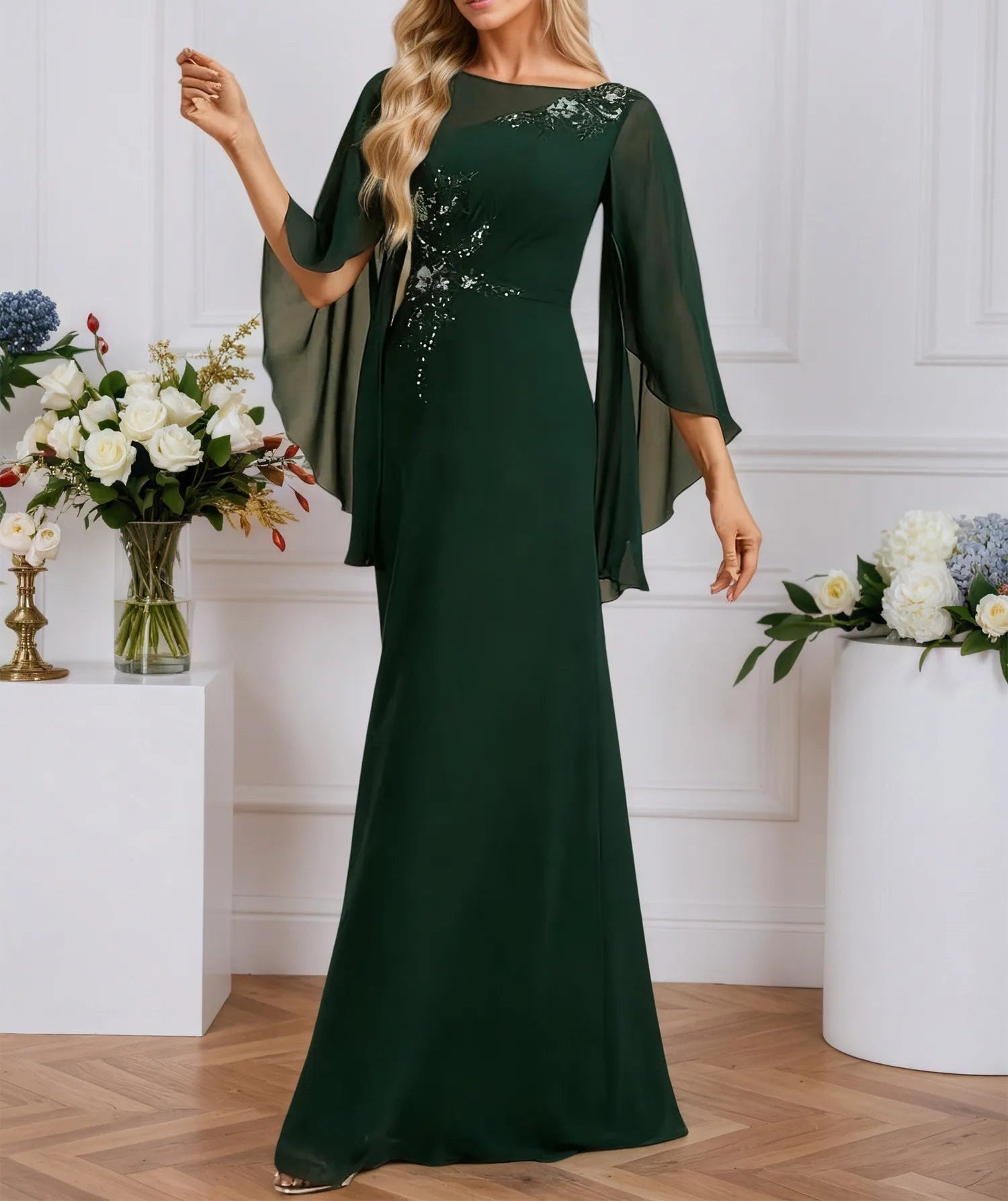 A-line Boat Neck Illusion Floor-Length Chiffon Evening Dress With Sequins Appliques Lace Pleated