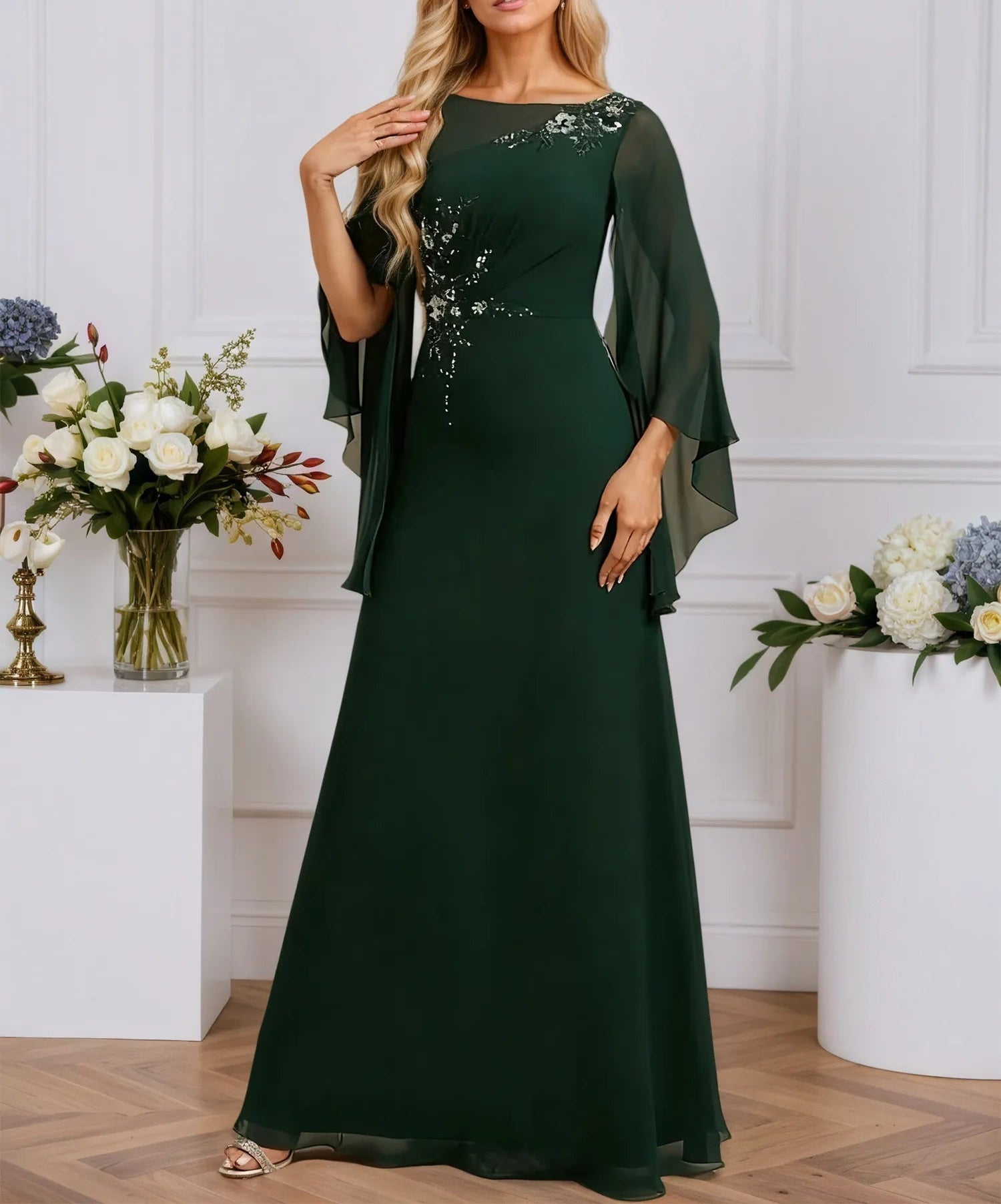 A-line Boat Neck Illusion Floor-Length Chiffon Evening Dress With Sequins Appliques Lace Pleated