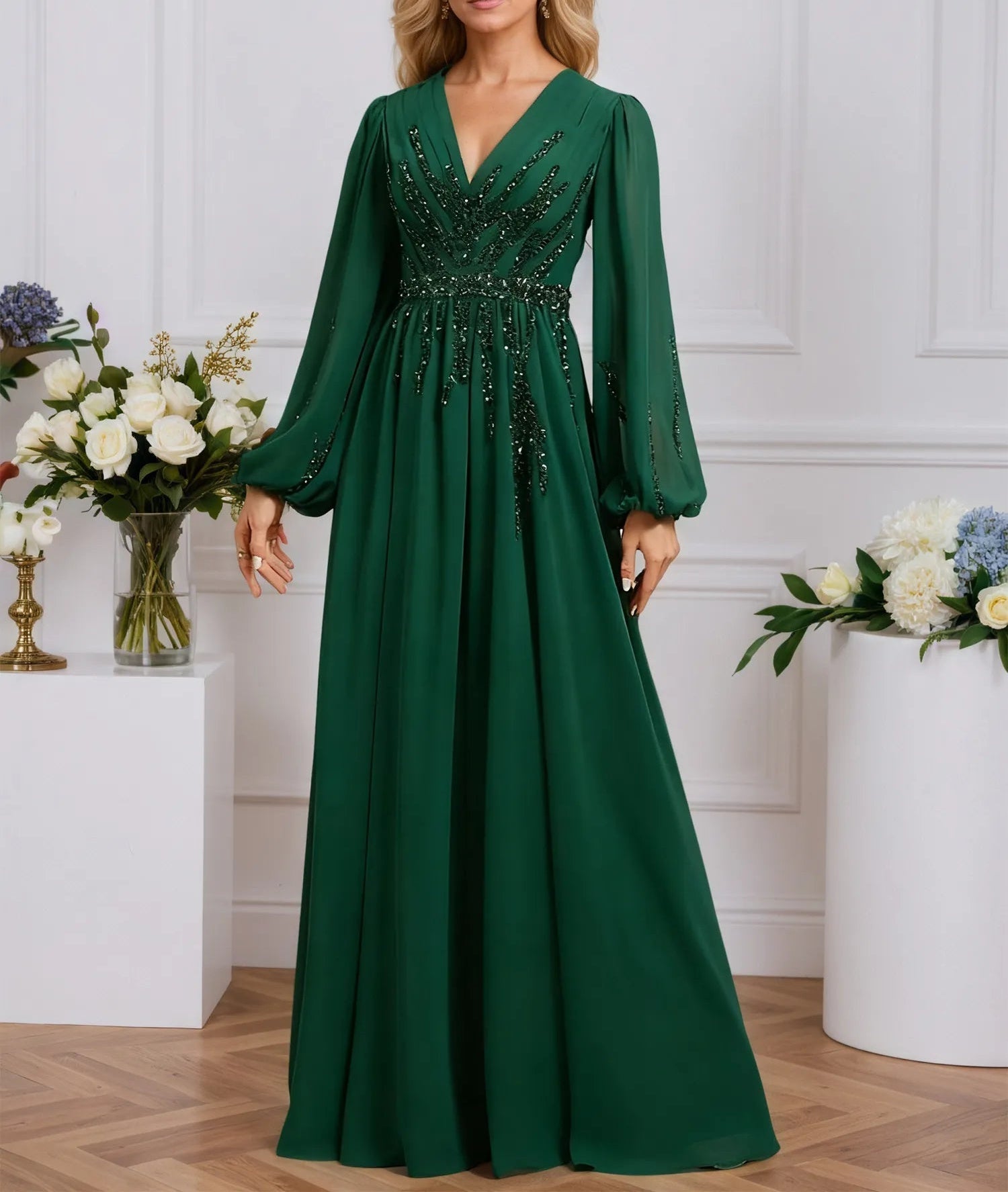 A-line V-Neck Floor-Length Chiffon Evening Dress With Pleated Sequins Beading