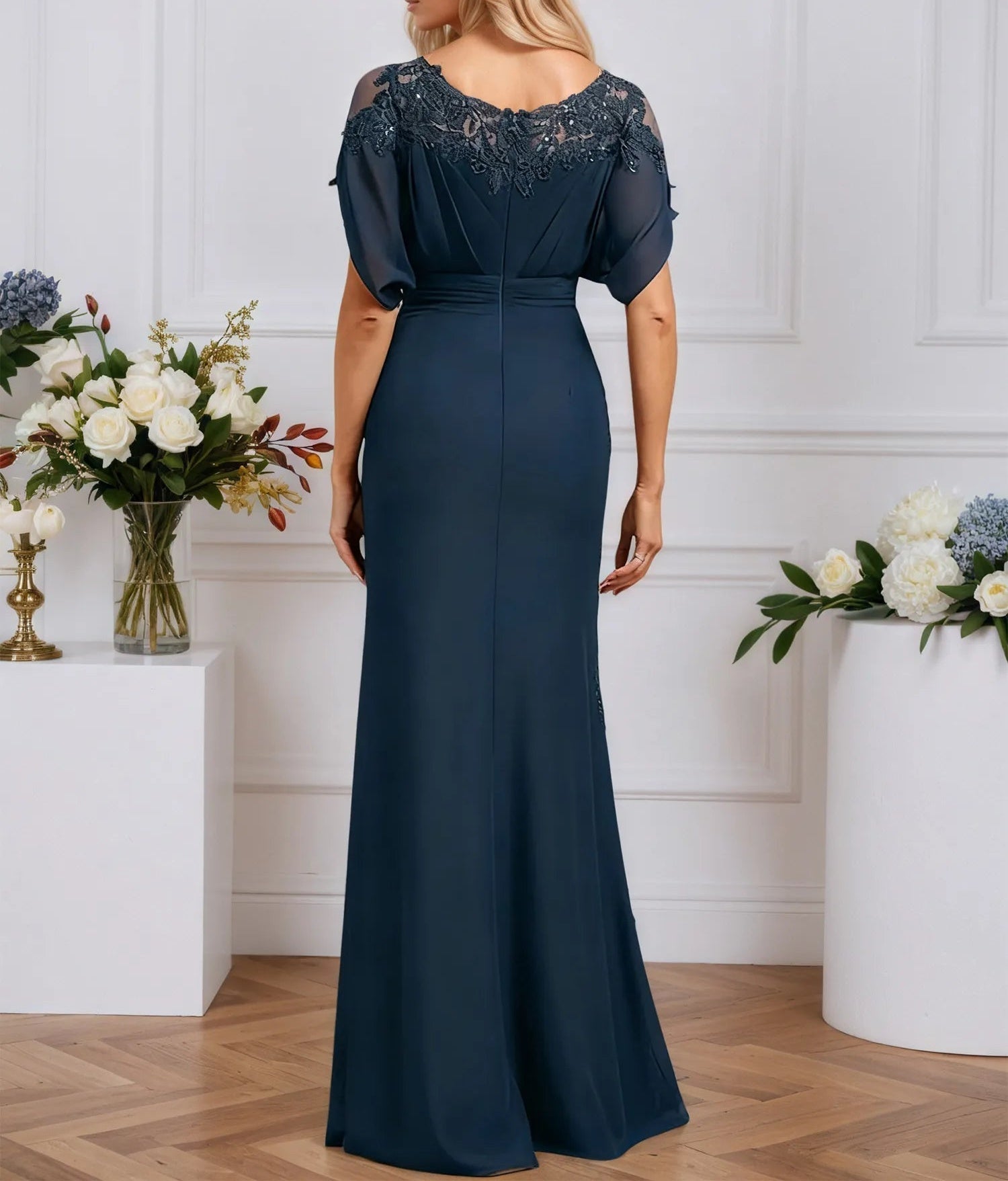 Sheath/Column Scoop Illusion Floor-Length Chiffon Lace Evening Dress With Pleated Sequins Beading