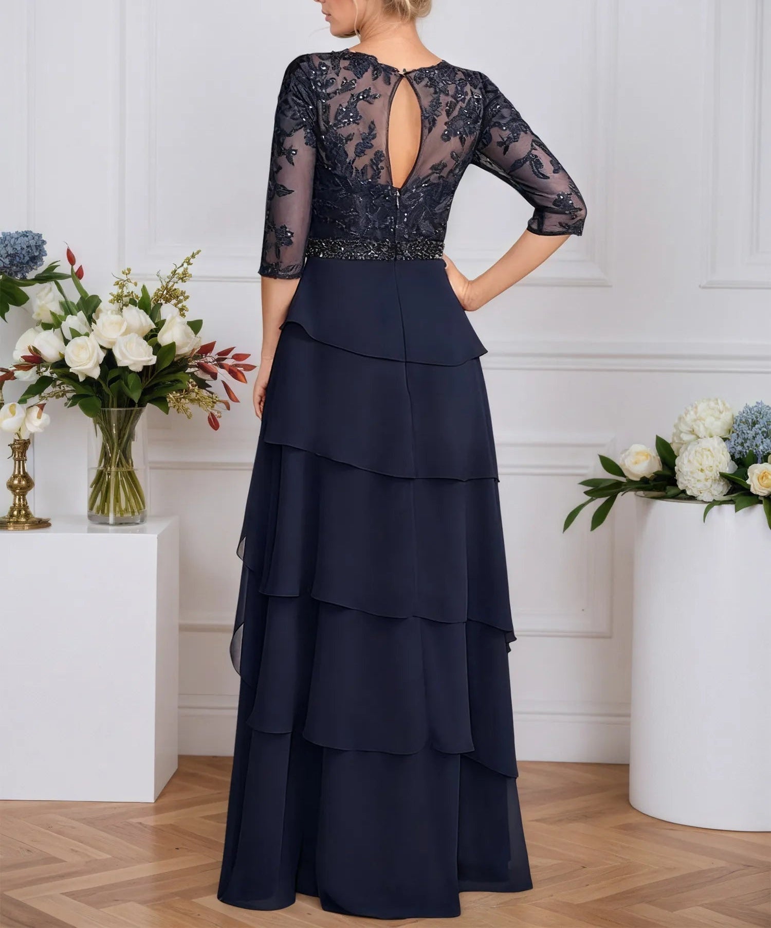 A-line Scoop Illusion Floor-Length Chiffon Mother of the Bride Dress With Sequins Beading