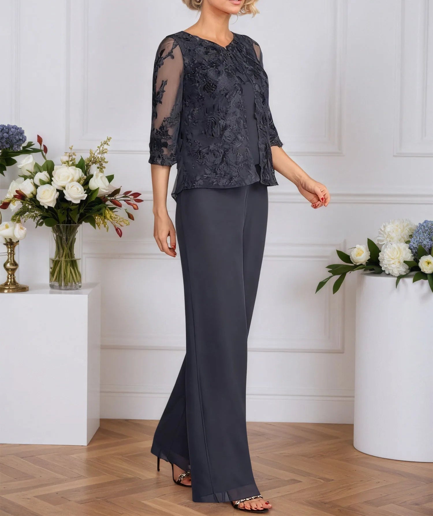 Pantsuits Separates V-Neck Floor-Length Lace Chiffon Mother of the Bride Dress