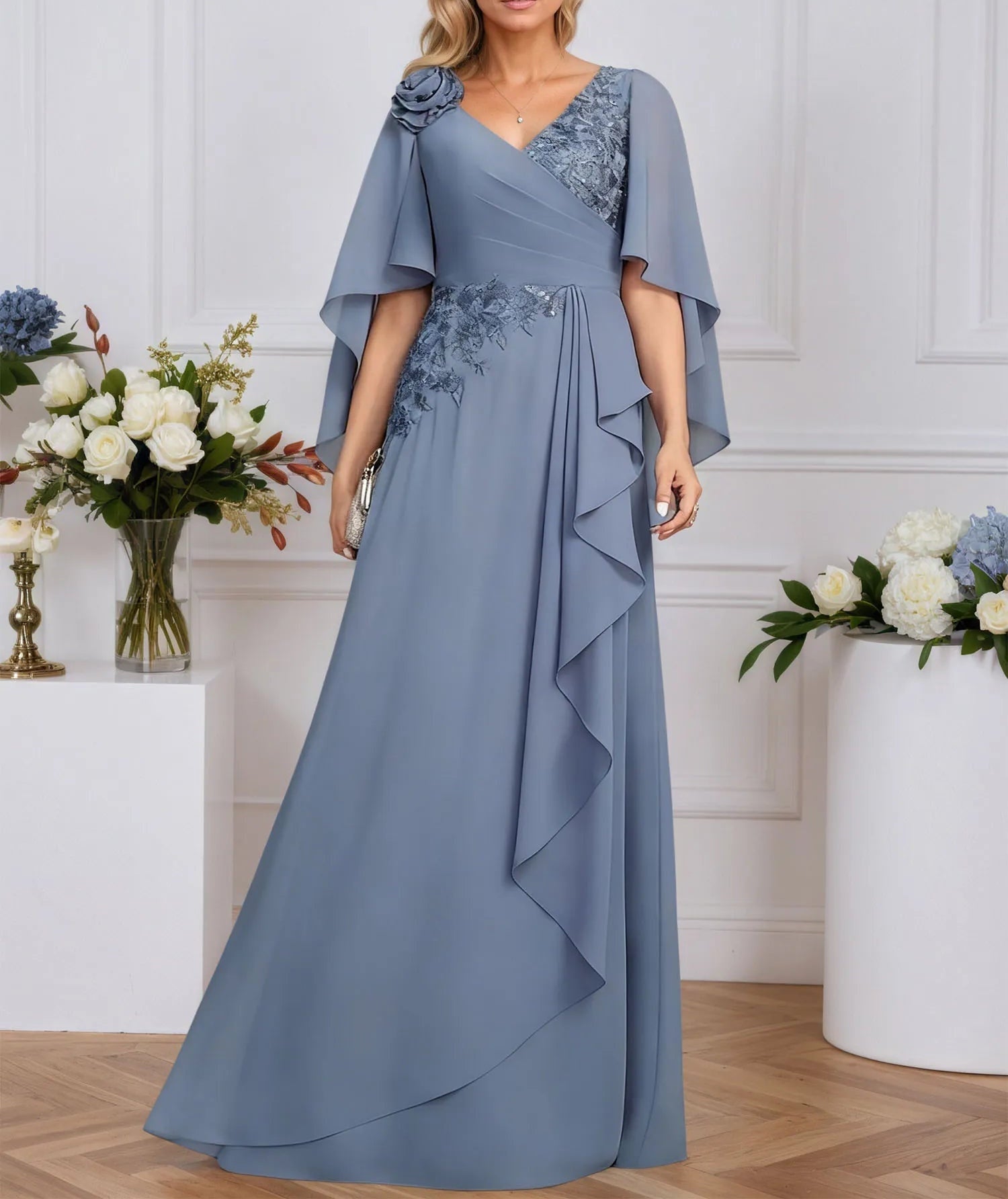 A-line V-Neck Floor-Length Lace Chiffon Mother of the Bride Dress With 3D Floral Sequins Cascading Ruffles