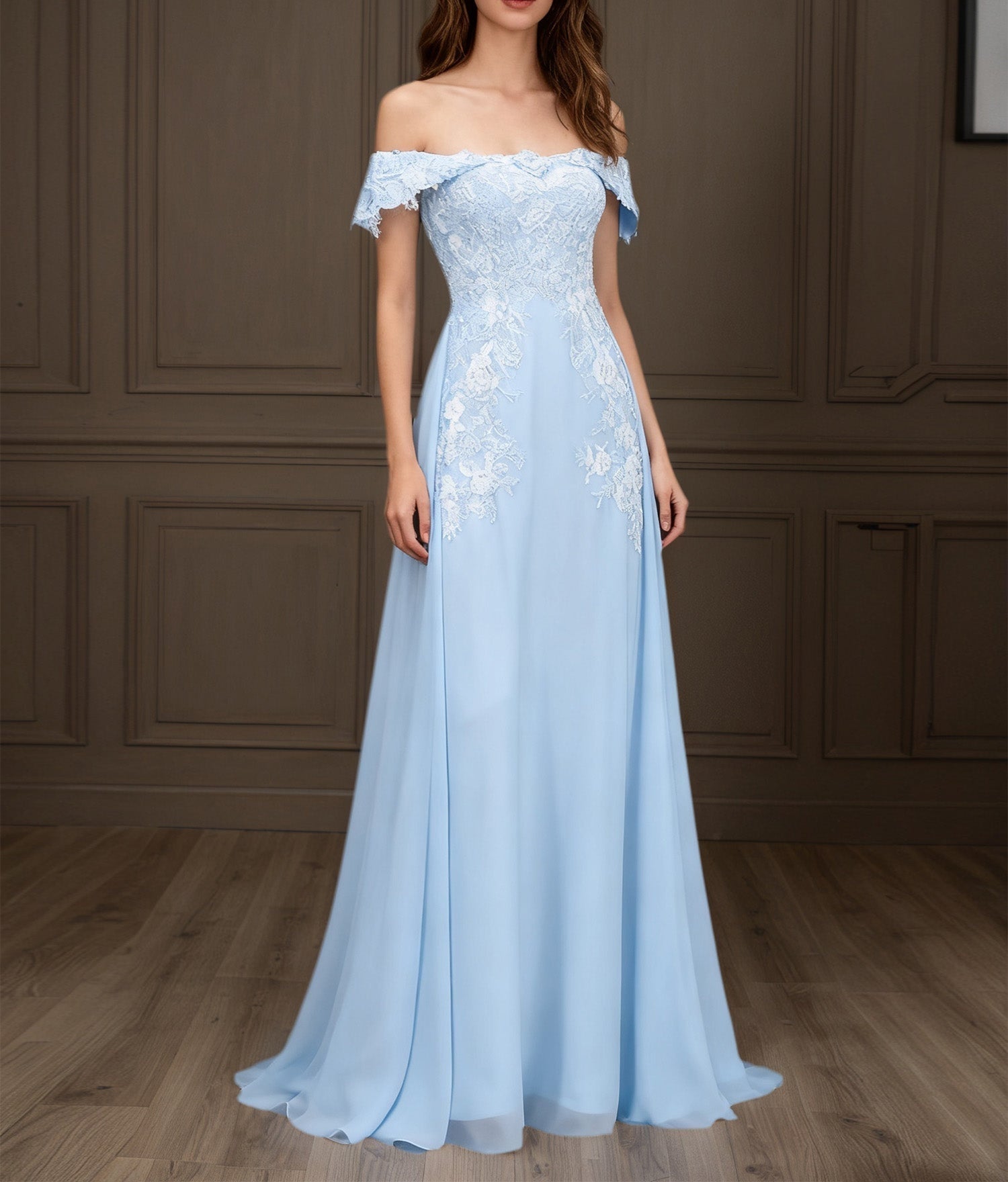 Elegant Off the Shoulder Chiffon Sheath Long Mother of the Bride with Lace Appliques