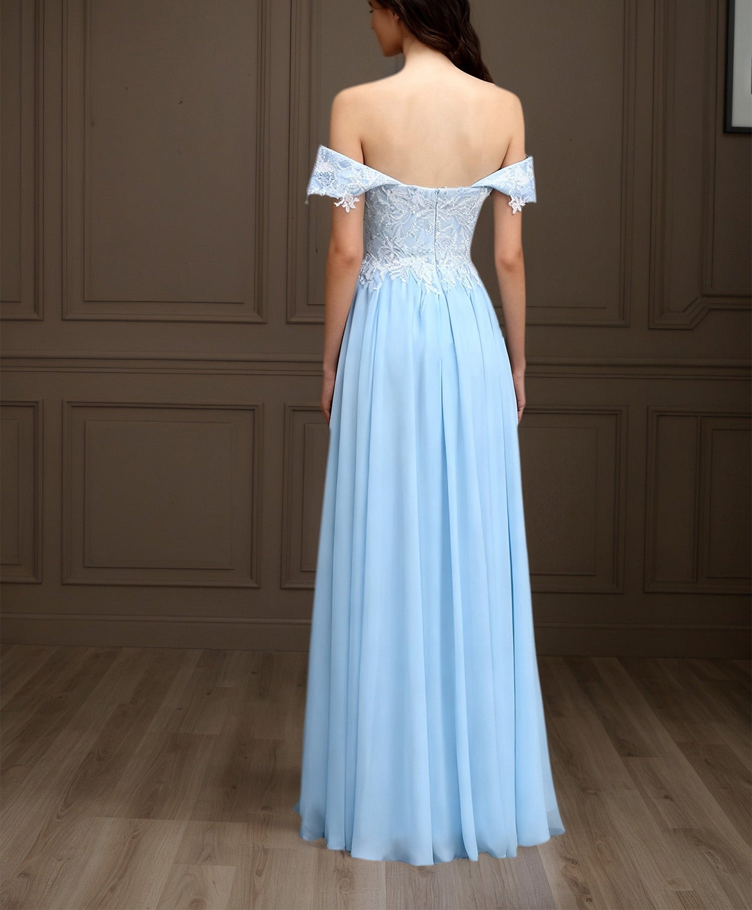 Elegant Off the Shoulder Chiffon Sheath Long Mother of the Bride with Lace Appliques