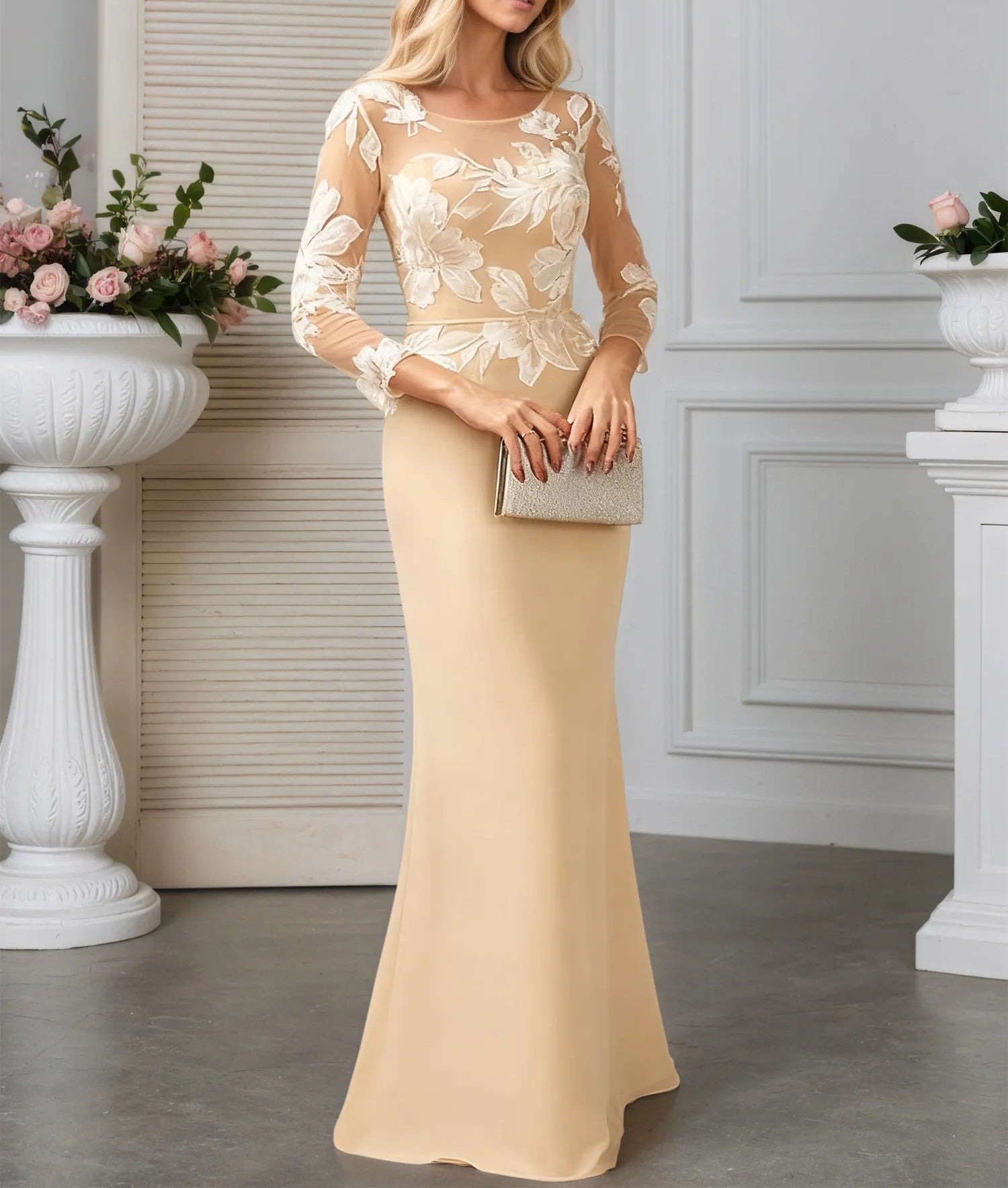 Sheath/Column Scoop Illusion Sweep Train Chiffon Evening Dress With Sequins