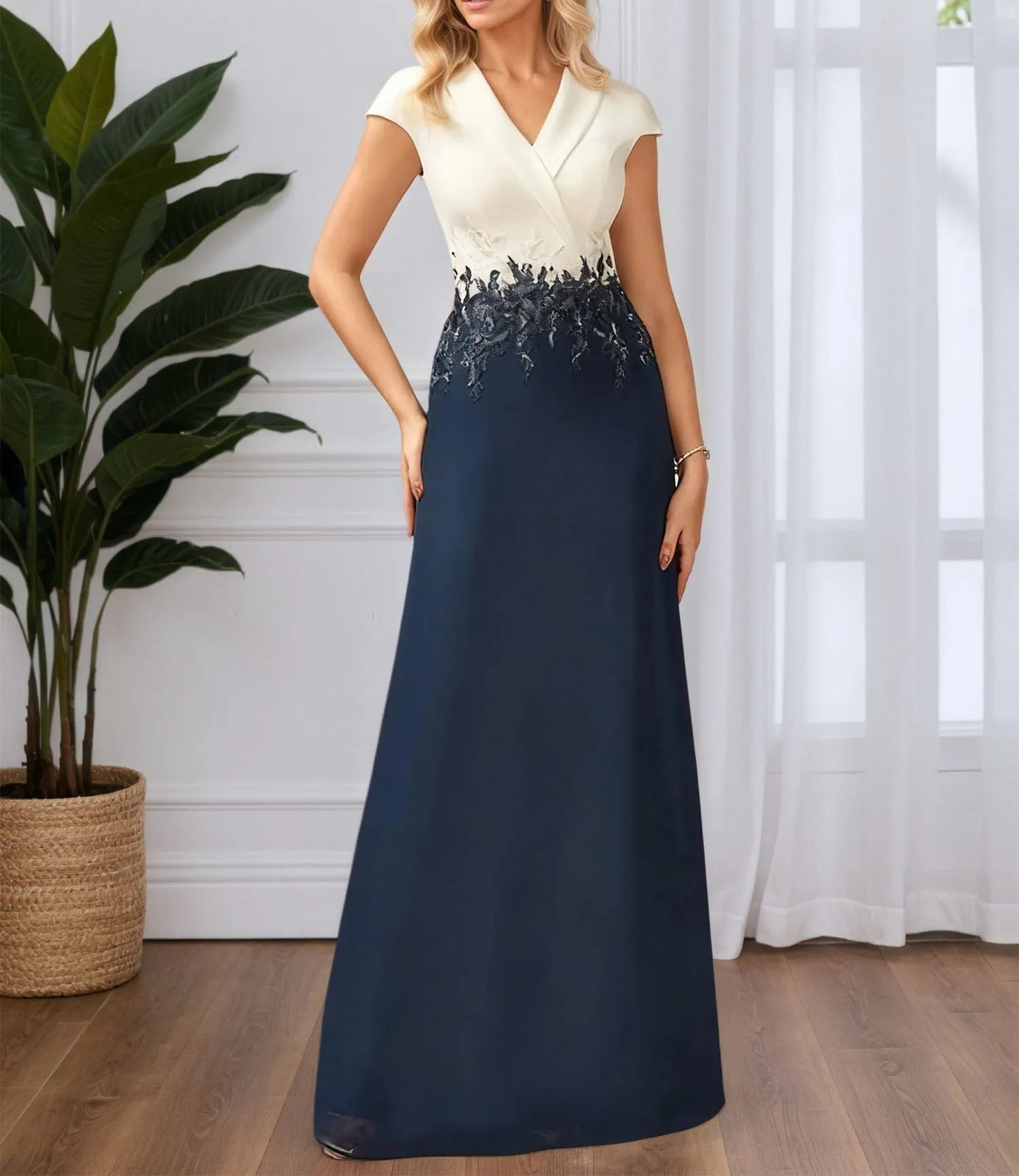 a line v neck floor length chiffon evening dress A-line Floor-Length With Lace Appliques Colour:BLUE Short Back Style SILK LAUNDRY KissProm Sparkly Blue Mermaid