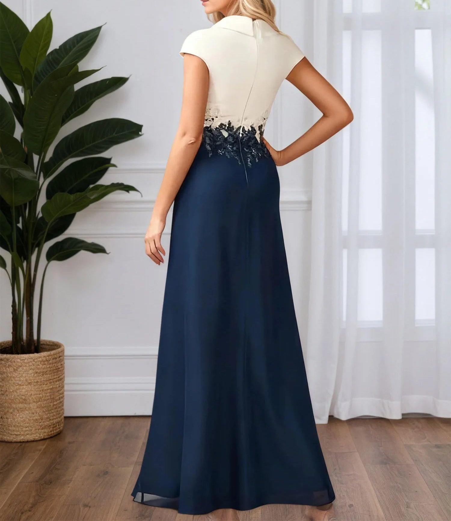 A-line V Neck Floor-Length Chiffon Evening Dress With Lace Appliques
