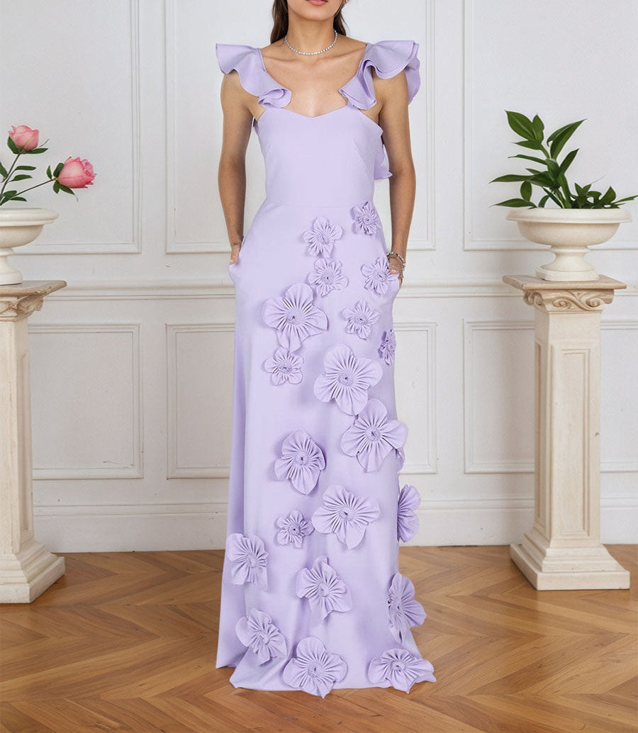 Lilac 3D Floral Sheath Formal Gown with Ruffle Sleeves