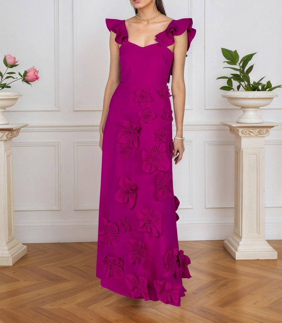 Lilac 3D Floral Sheath Formal Gown with Ruffle Sleeves