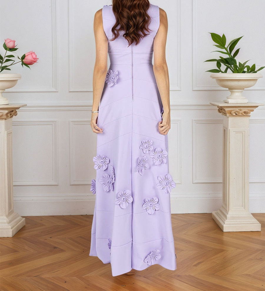 Lavender Boat Neck Formal Gown with Cascading 3D Flowers