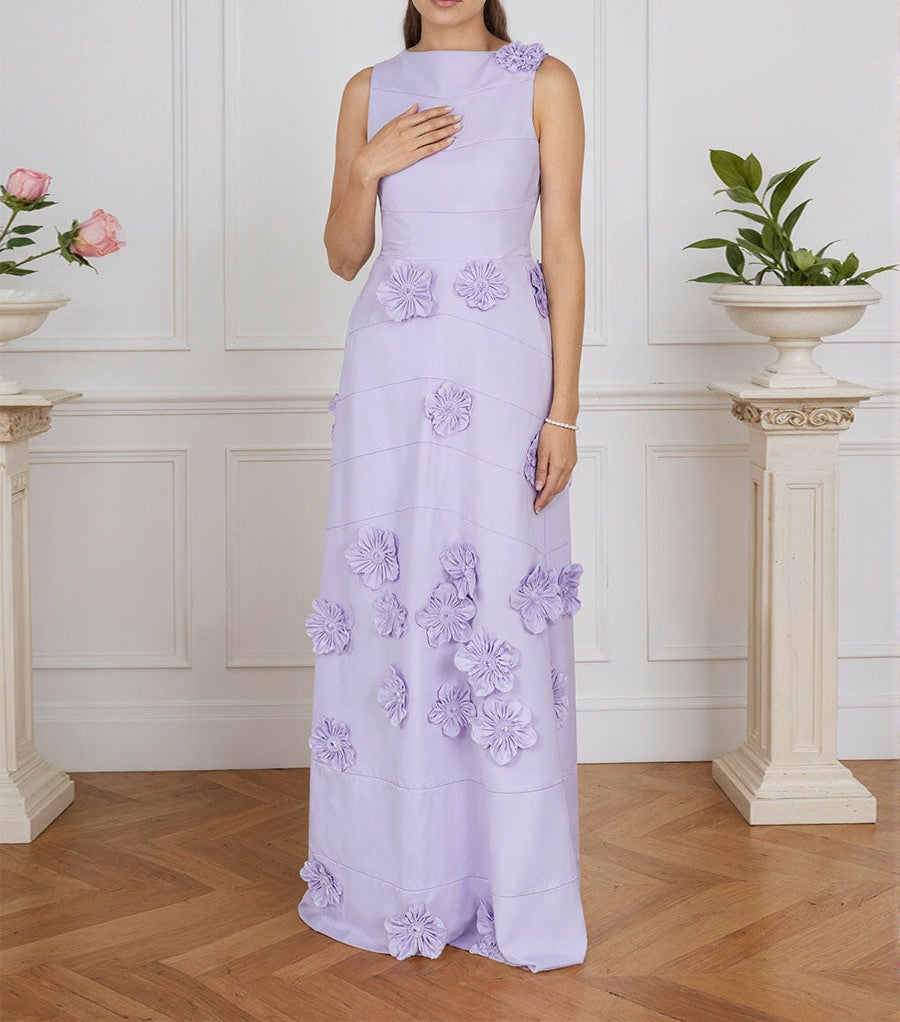 Lavender Boat Neck Formal Gown with Cascading 3D Flowers