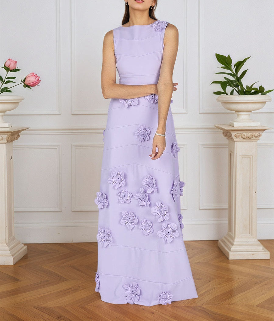 Lavender Boat Neck Formal Gown with Cascading 3D Flowers