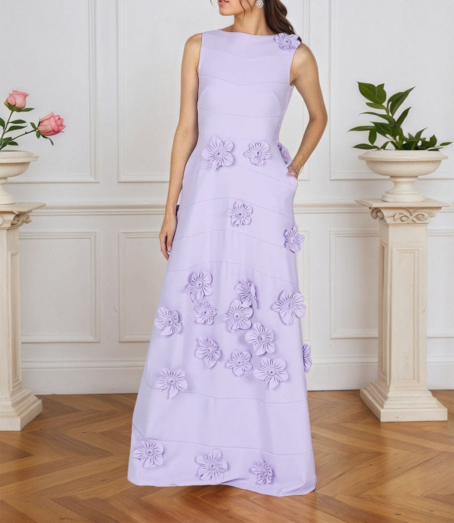 Lavender Boat Neck Formal Gown with Cascading 3D Flowers