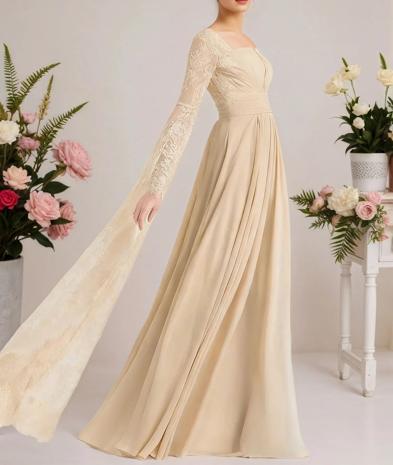 A-line Square Floor-Length Chiffon Lace Evening Dress With Beading Pleated