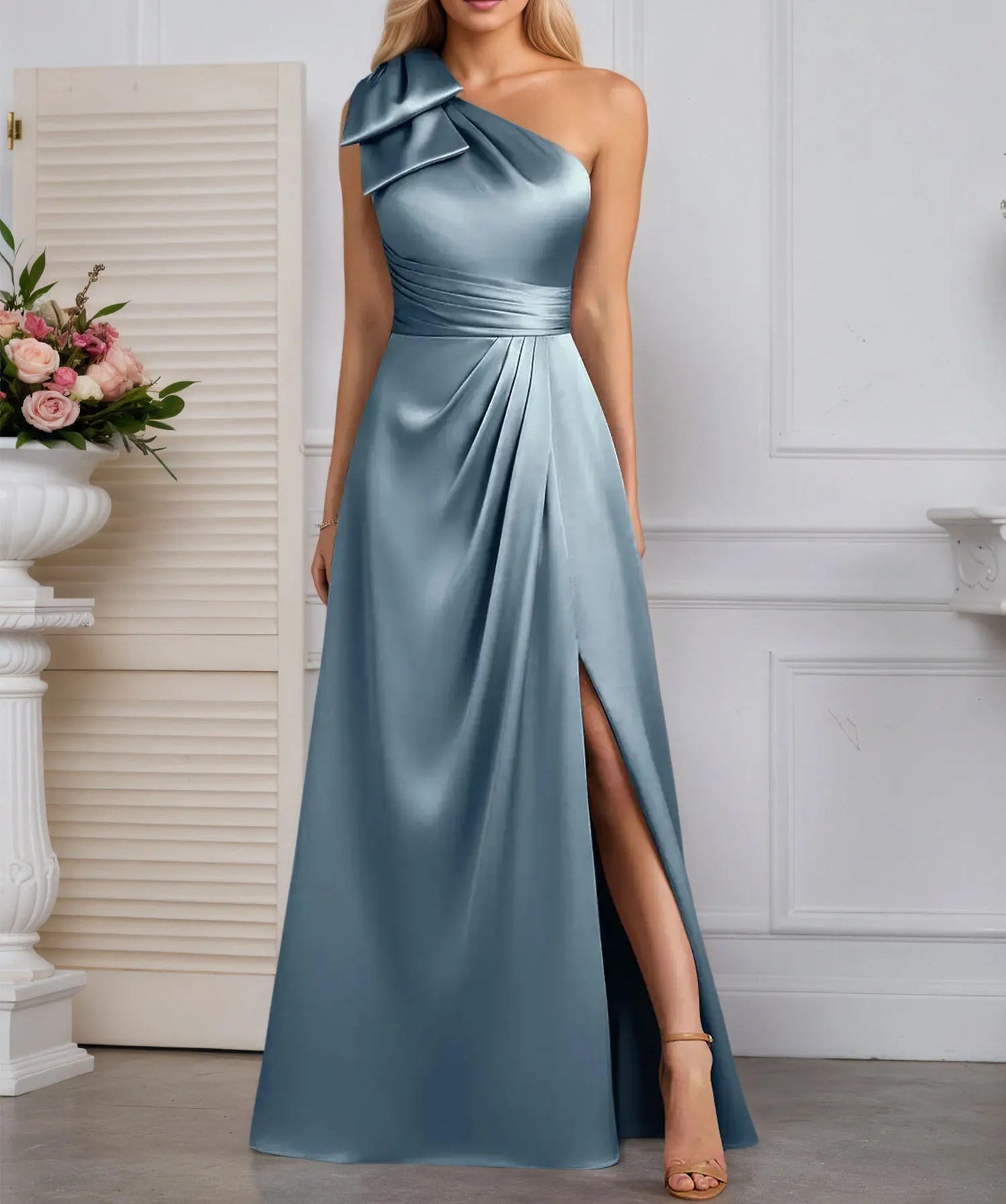 A-Line One Shoulder Stretch Satin Mother Of The Bride Dress With Bow