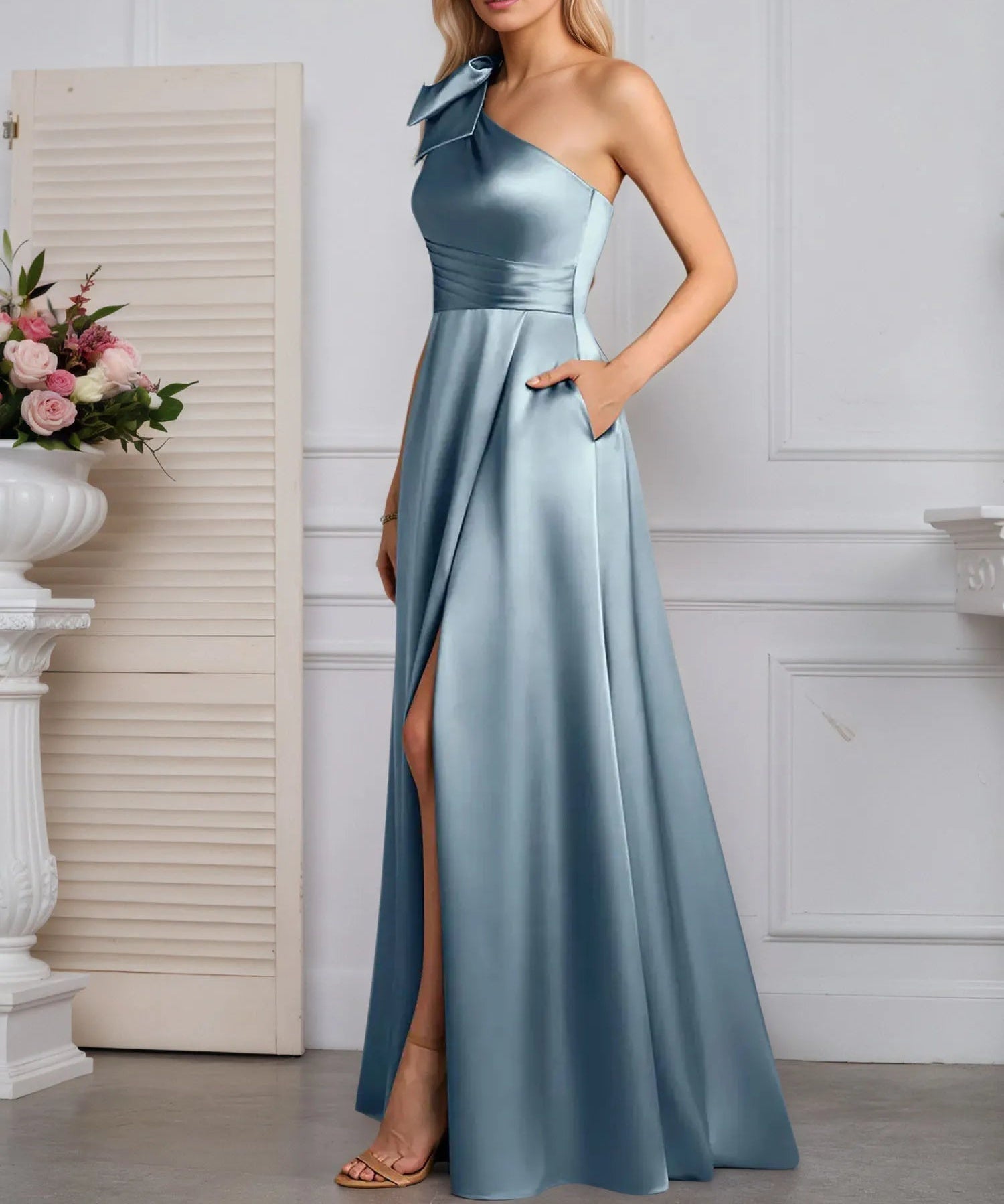 A-Line One Shoulder Stretch Satin Mother Of The Bride Dress With Bow