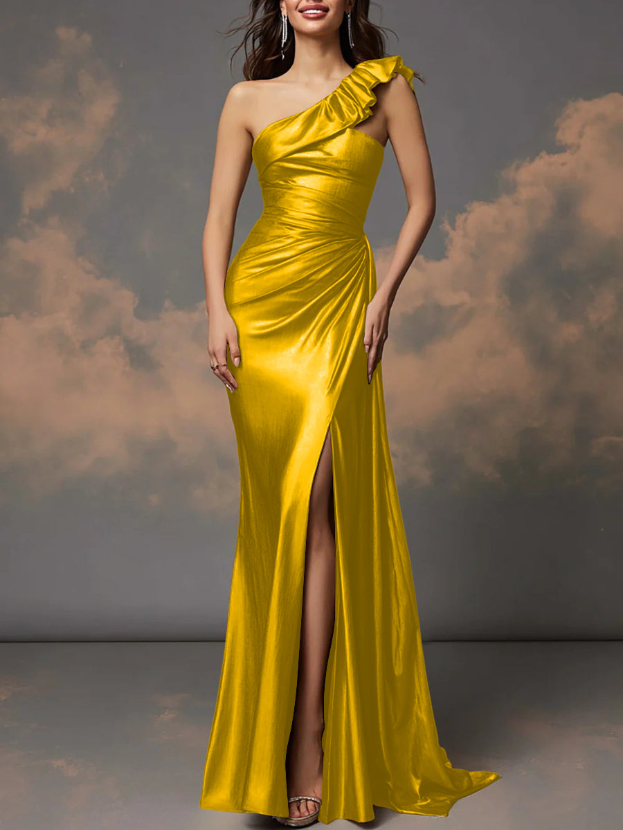 Ruffle One Shoulder Ruched Metallic Long Prom Dresses Sheath/Column Ball Gowns with Train
