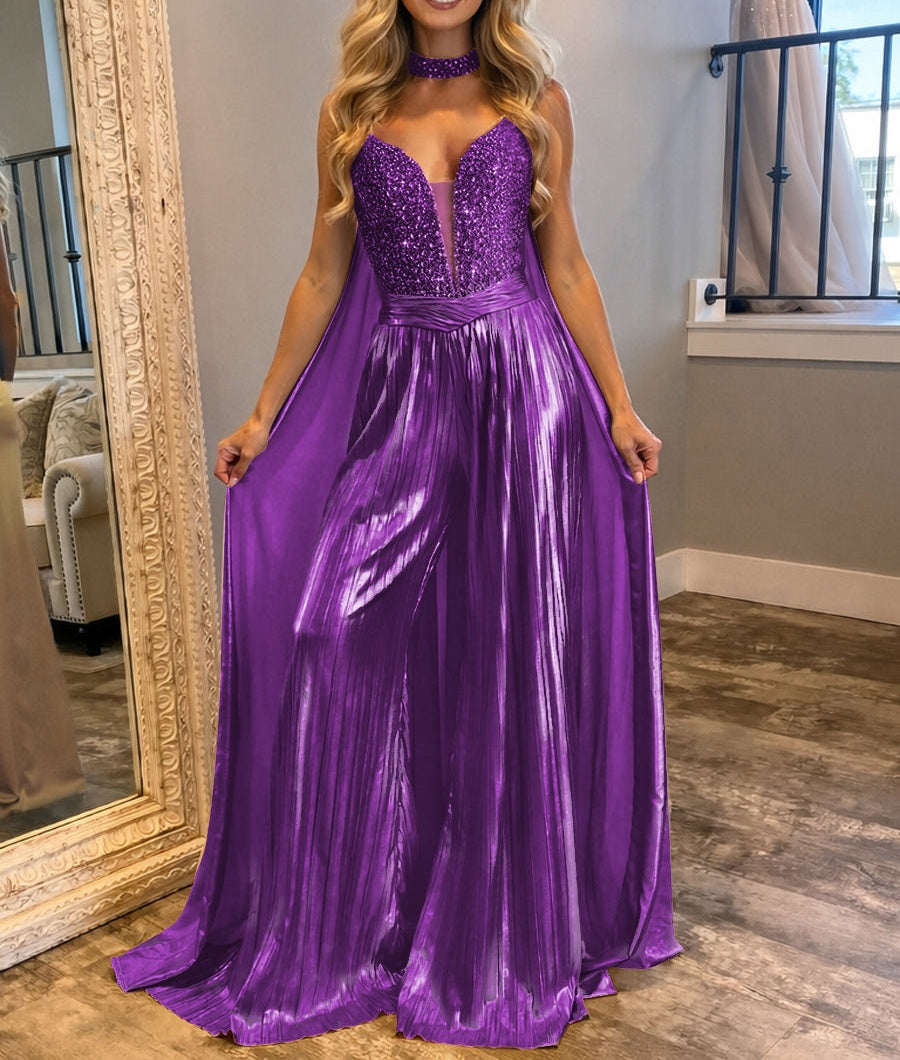 Jumpsuits Sequin V-Neck Sparkly Long Prom Dresses with Cape
