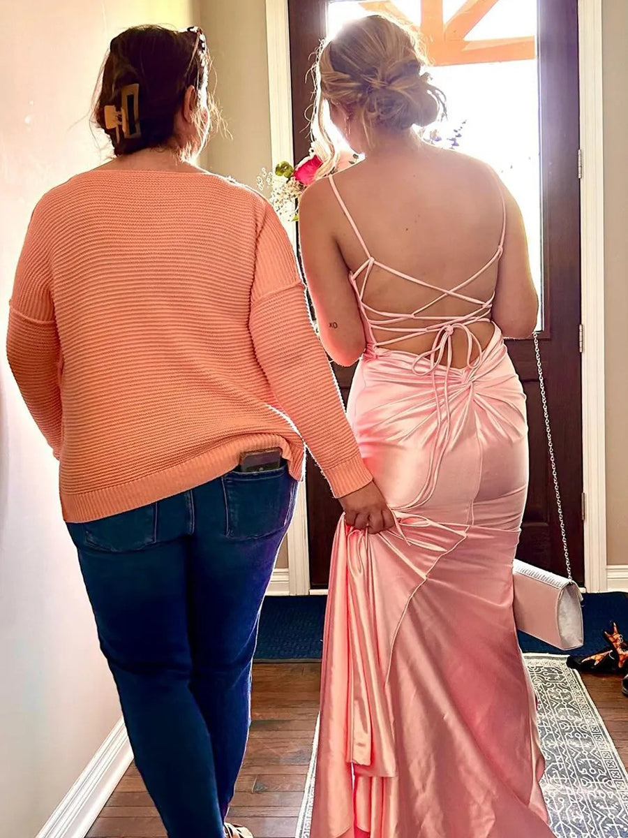 Mermaid/Trumpet Bodycon Halter Scoop Neck Floor-Length Prom Dresses Satin Evening Dresses