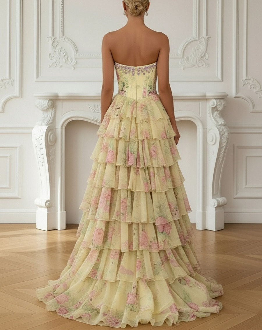 Mermaid Tiered Floor-Length Fancy Formal Prom Dresses with Flower