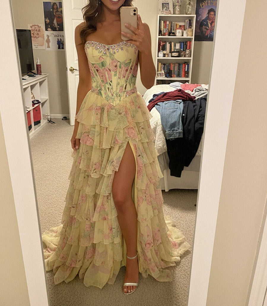 Mermaid Tiered Floor-Length Fancy Formal Prom Dresses with Flower