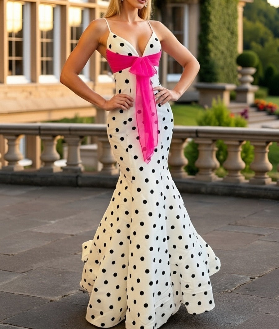 Mermaid V Neck Polka Dot Sleeveless Floor Length Prom Gown with Bow