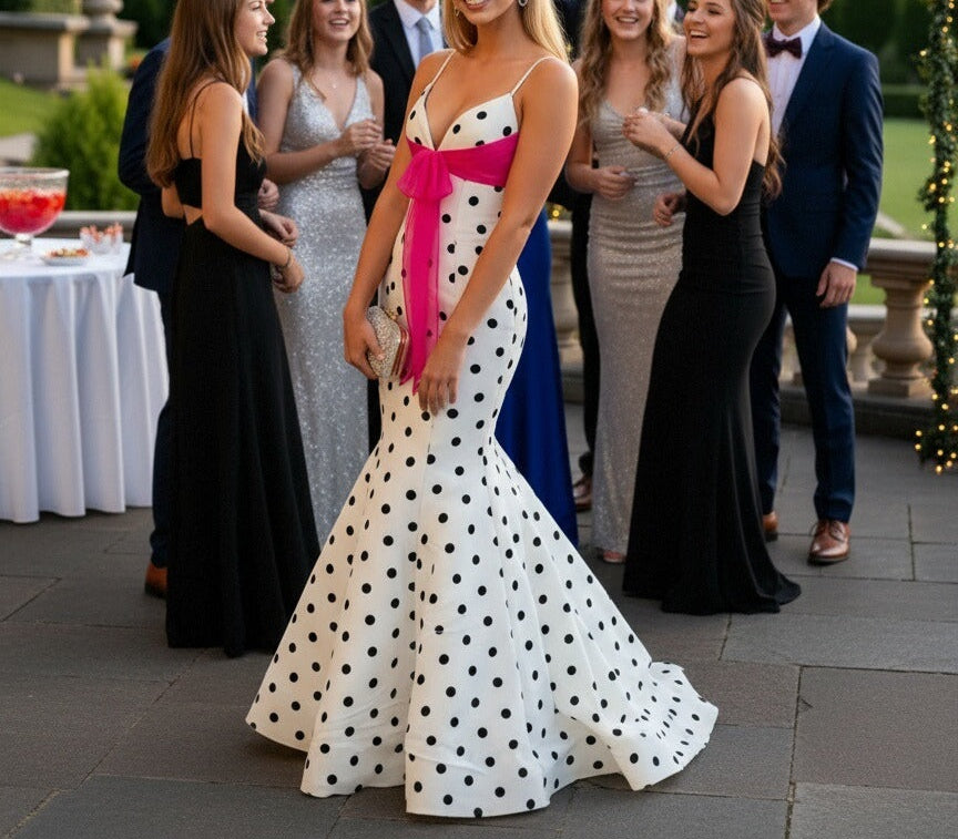 Mermaid V Neck Polka Dot Sleeveless Floor Length Prom Gown with Bow