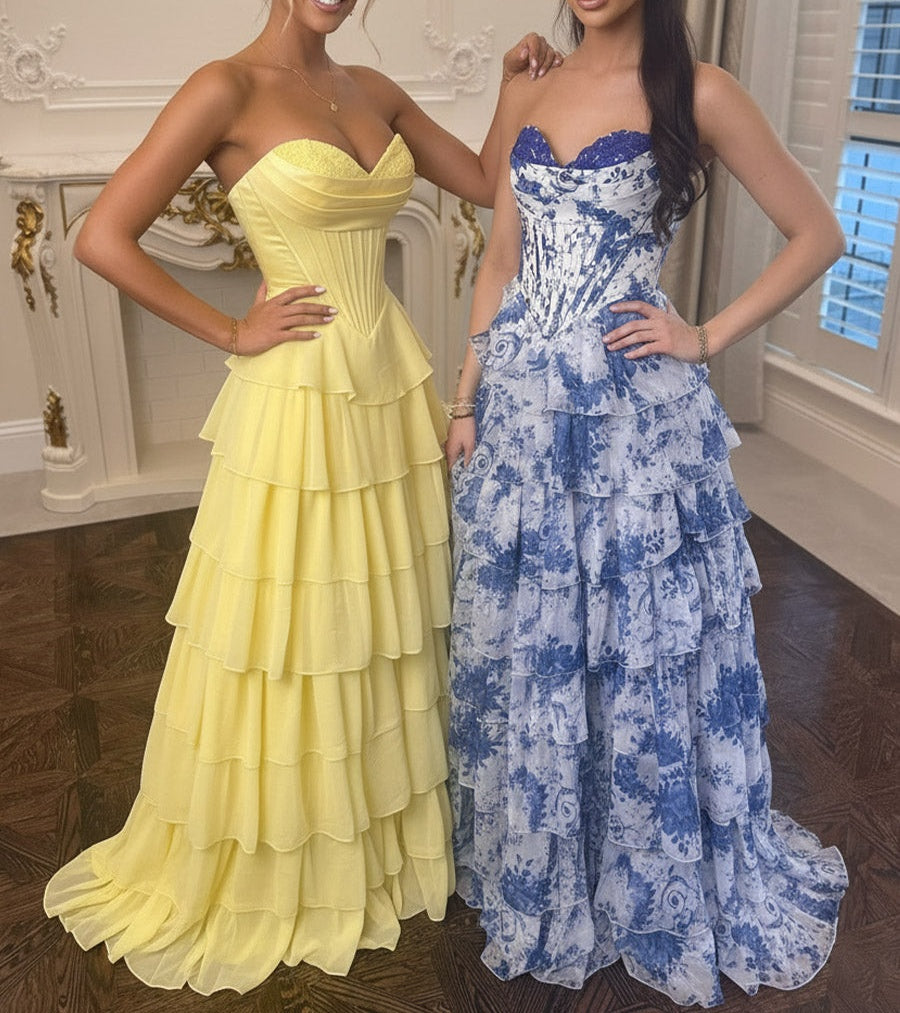 A Line/Princess Tiered Floor-Length Fancy Prom Dresses with Flower Ruffles