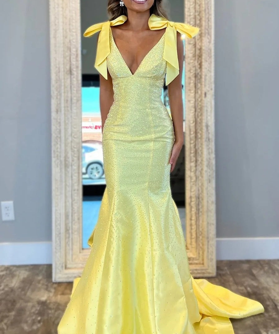 Sparkly V-Neck Bow Strap Beading Long Prom Dresses Mermaid with Train