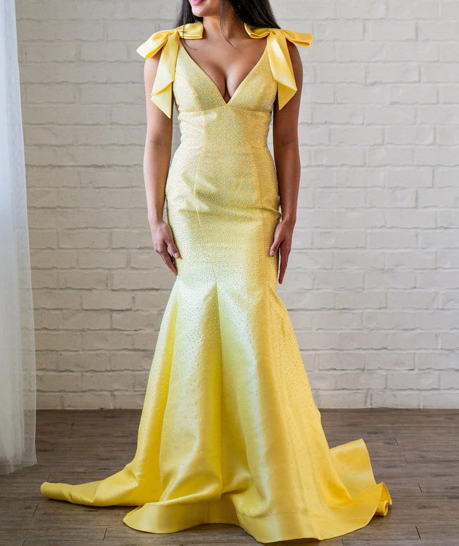Sparkly V-Neck Bow Strap Beading Long Prom Dresses Mermaid with Train