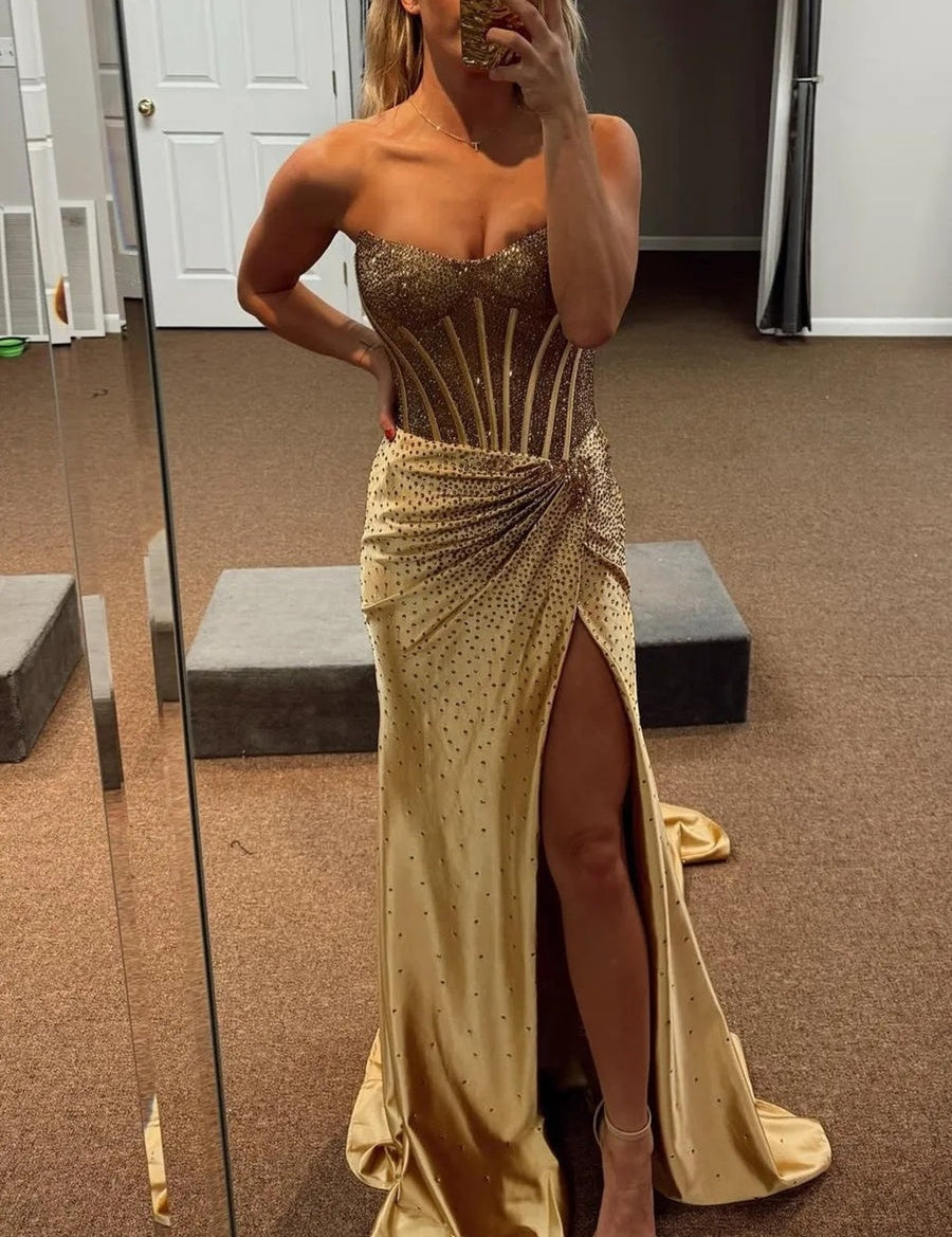 Mermaid/Trumpet Sweetheart Glitter Beading Long Prom Dresses with Corset