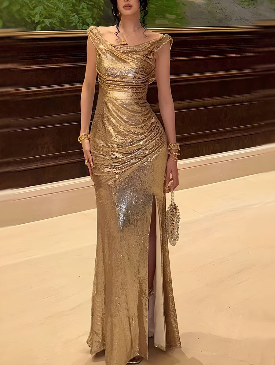 Sequin Off Shoulder Prom Dresses Bodycon Sparkly High Slit