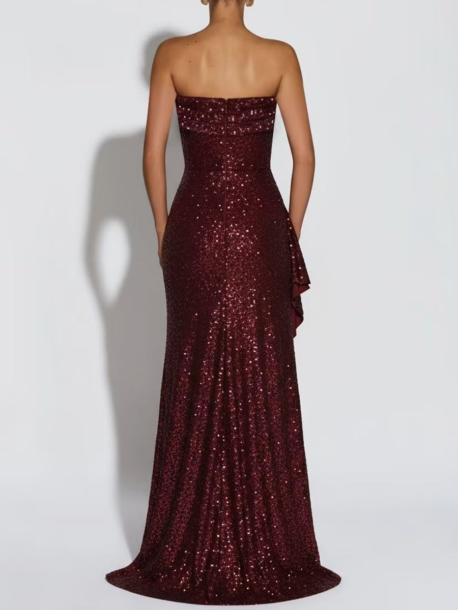 A-Line/Princess Glitter Strapless Ruched Floor-Length Formal Dresses with Ruffle