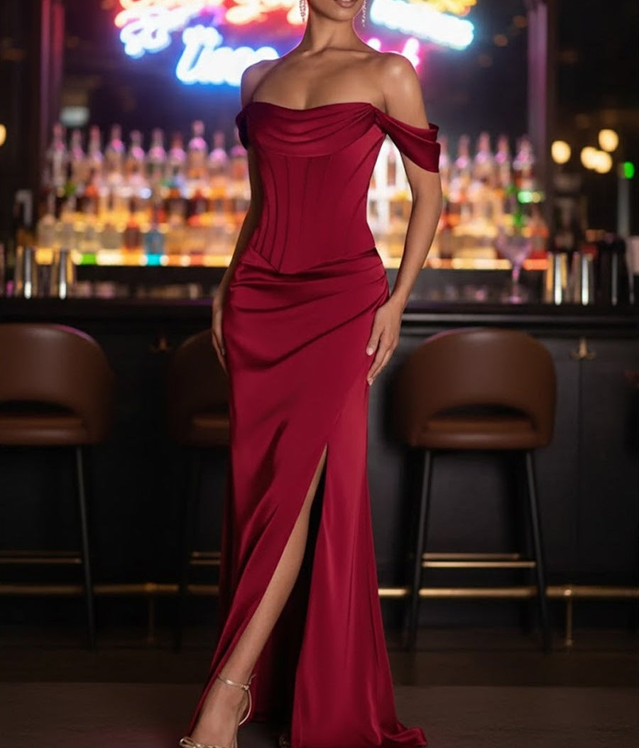 Sheath/Column Off Shoulder Ruched Satin Floor-Length Formal Dresses with Slit