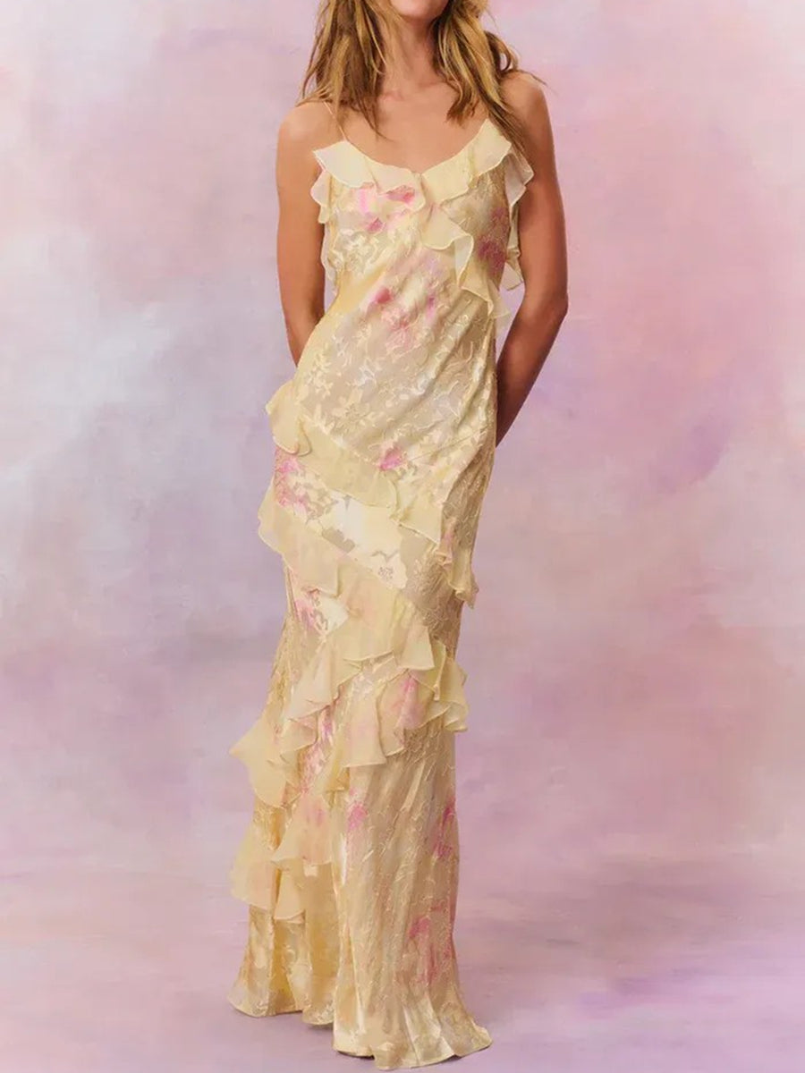 Mermaid/Trumpet Ruffle V-Neck Floor-Length Prom Dresses with Floral Satin