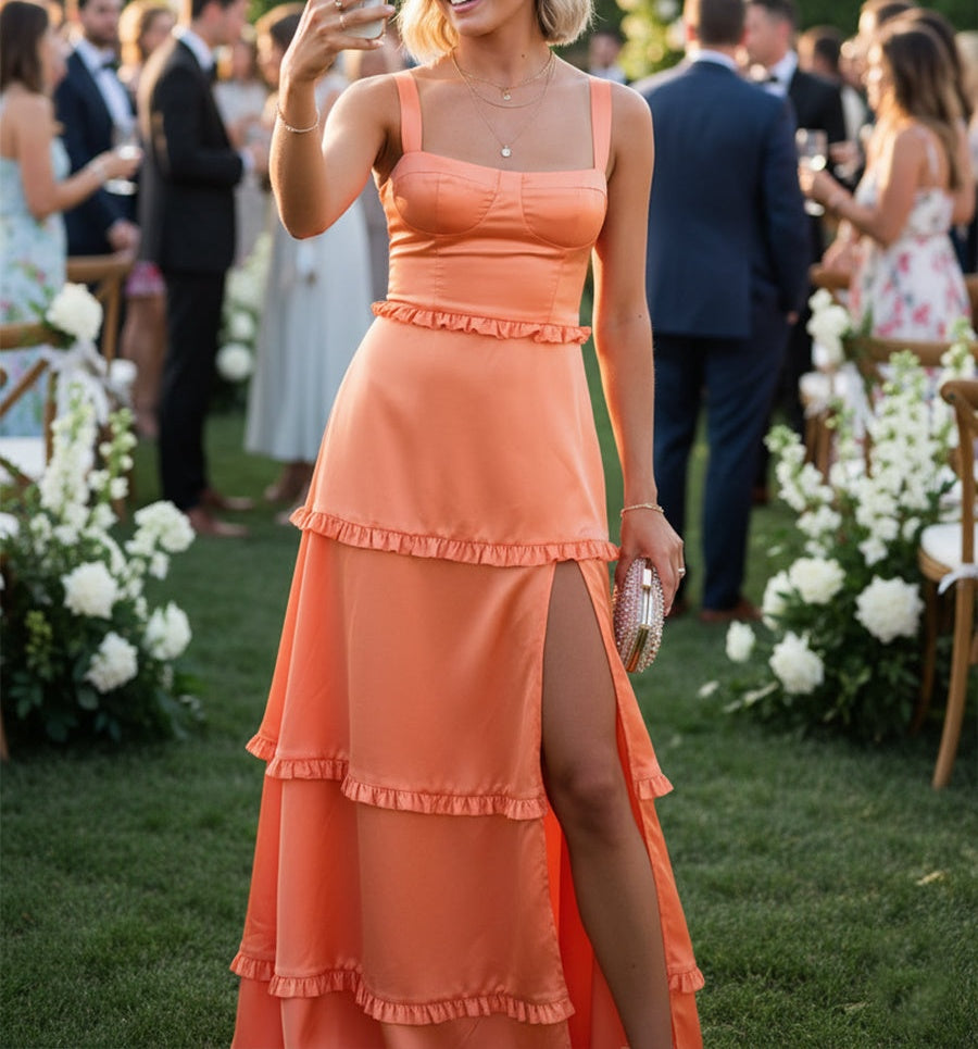 Sheath/Column Floor-Length Wedding Guest Dresses with Tiered Ruffles Hem