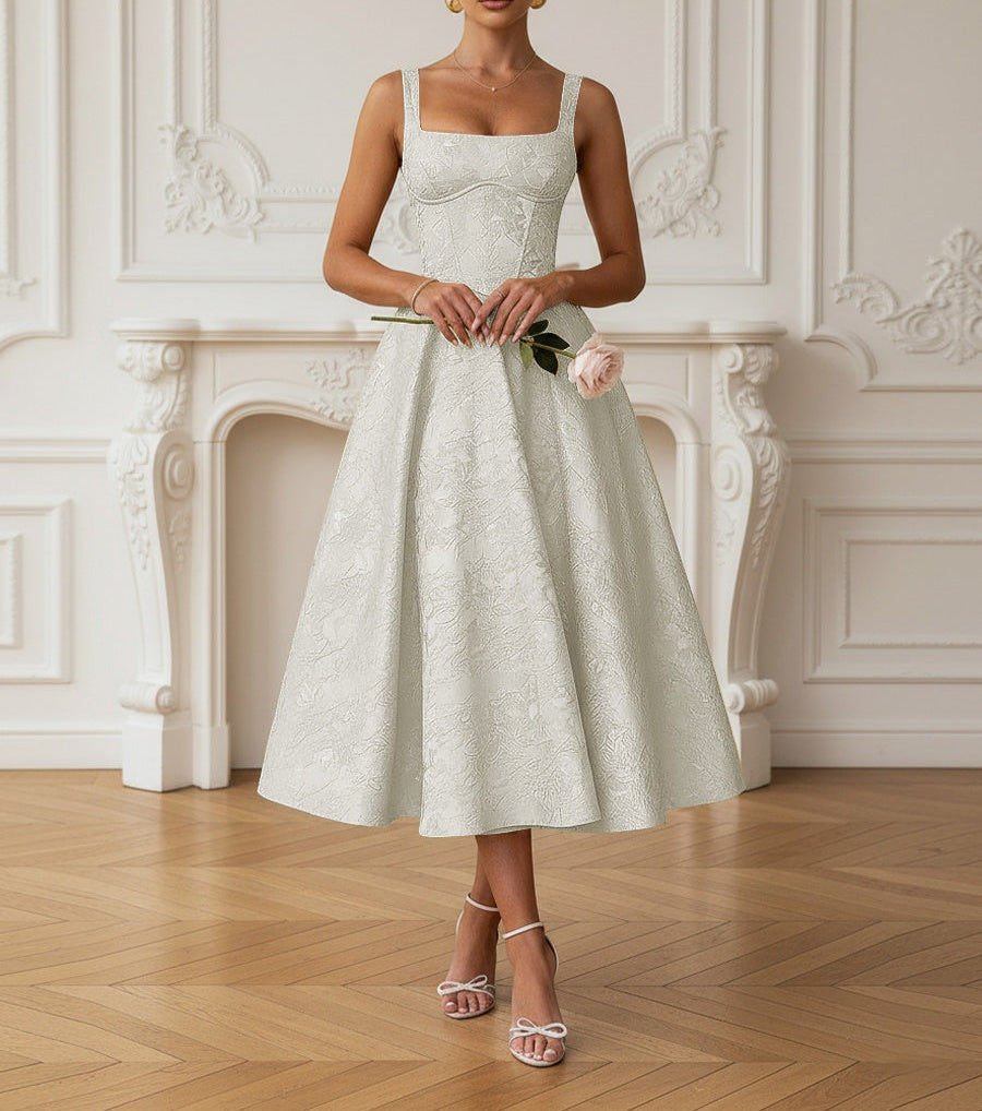 Vintage Spaghetti Strap Midi Prom Dresses with Floral Jacquard