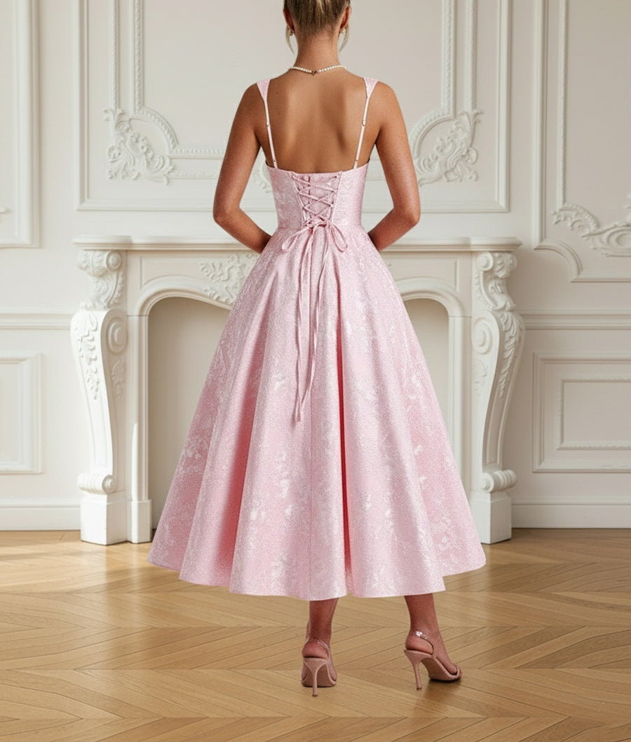 Vintage Spaghetti Strap Midi Prom Dresses with Floral Jacquard