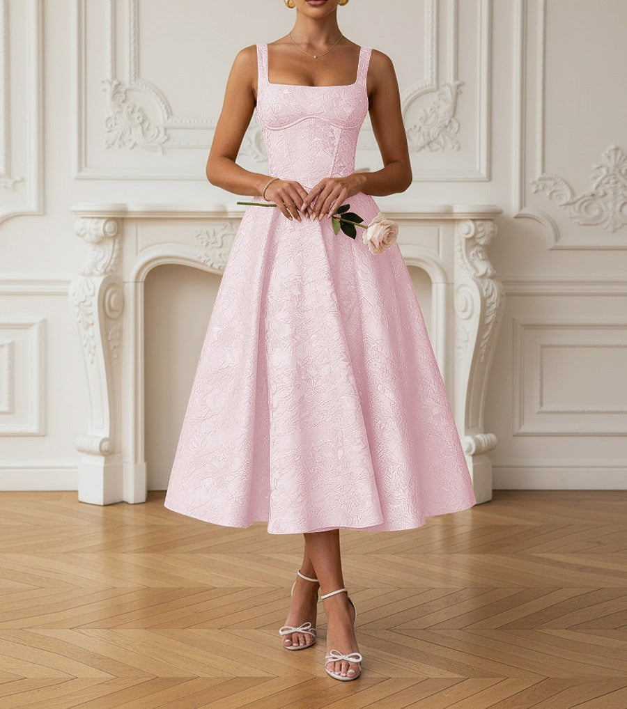 Vintage Spaghetti Strap Midi Prom Dresses with Floral Jacquard