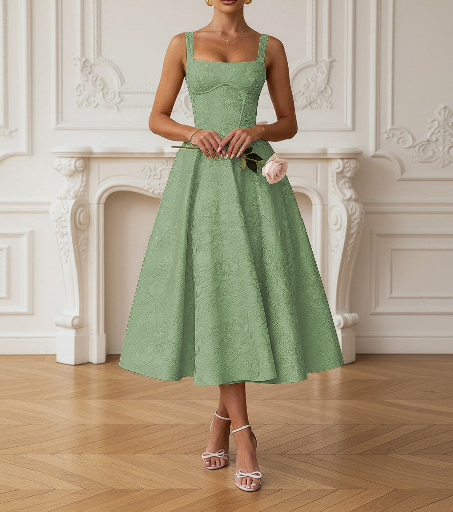 Vintage Spaghetti Strap Midi Prom Dresses with Floral Jacquard