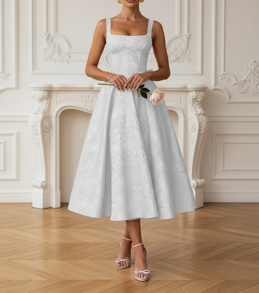 Vintage Spaghetti Strap Midi Prom Dresses with Floral Jacquard