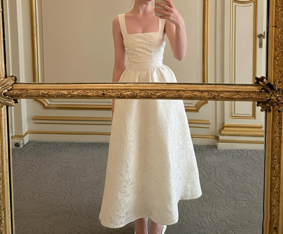 Vintage Spaghetti Strap Midi Prom Dresses with Floral Jacquard