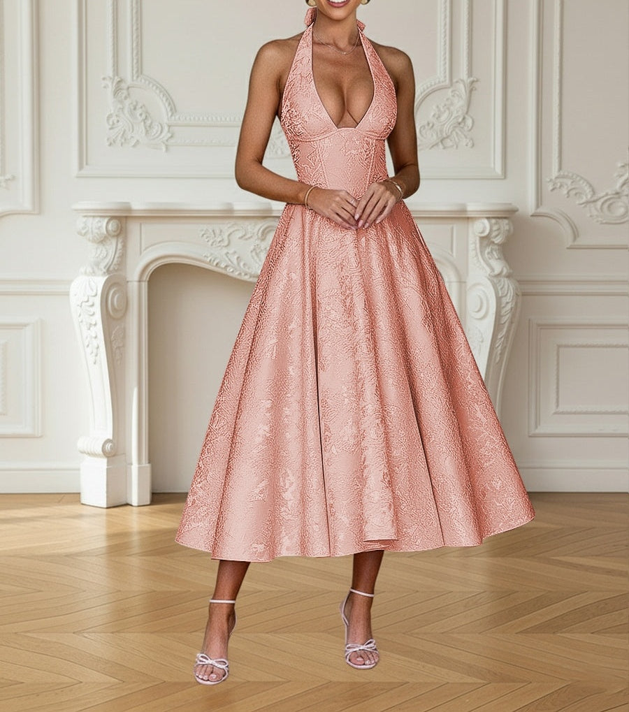 Vintage Jacquard Halter Midi Prom Dresses for Women with A Line Hem