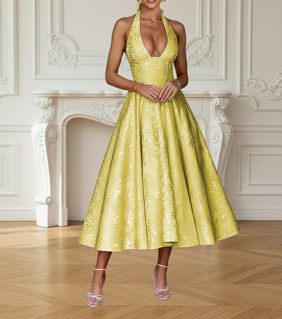 Vintage Jacquard Halter Midi Prom Dresses for Women with A Line Hem